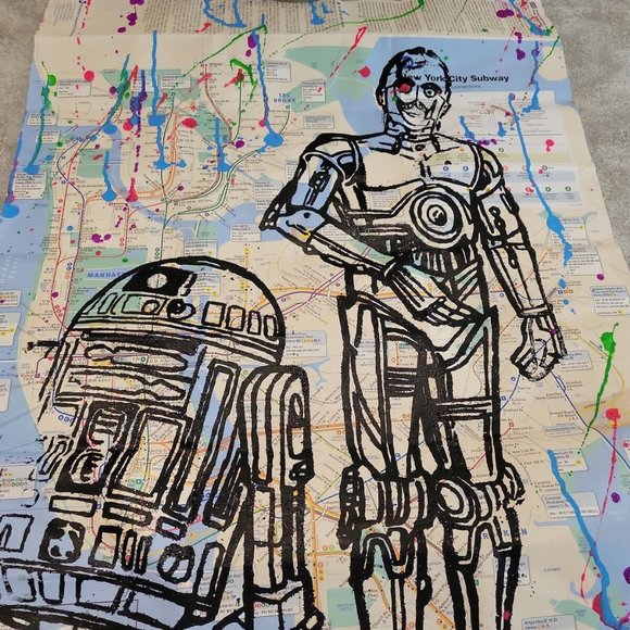 π² SOLD π² Original Handpainted Star Wars Droids R2D2 & C3PO on a NYC Subway Map - Picture 5 of 7